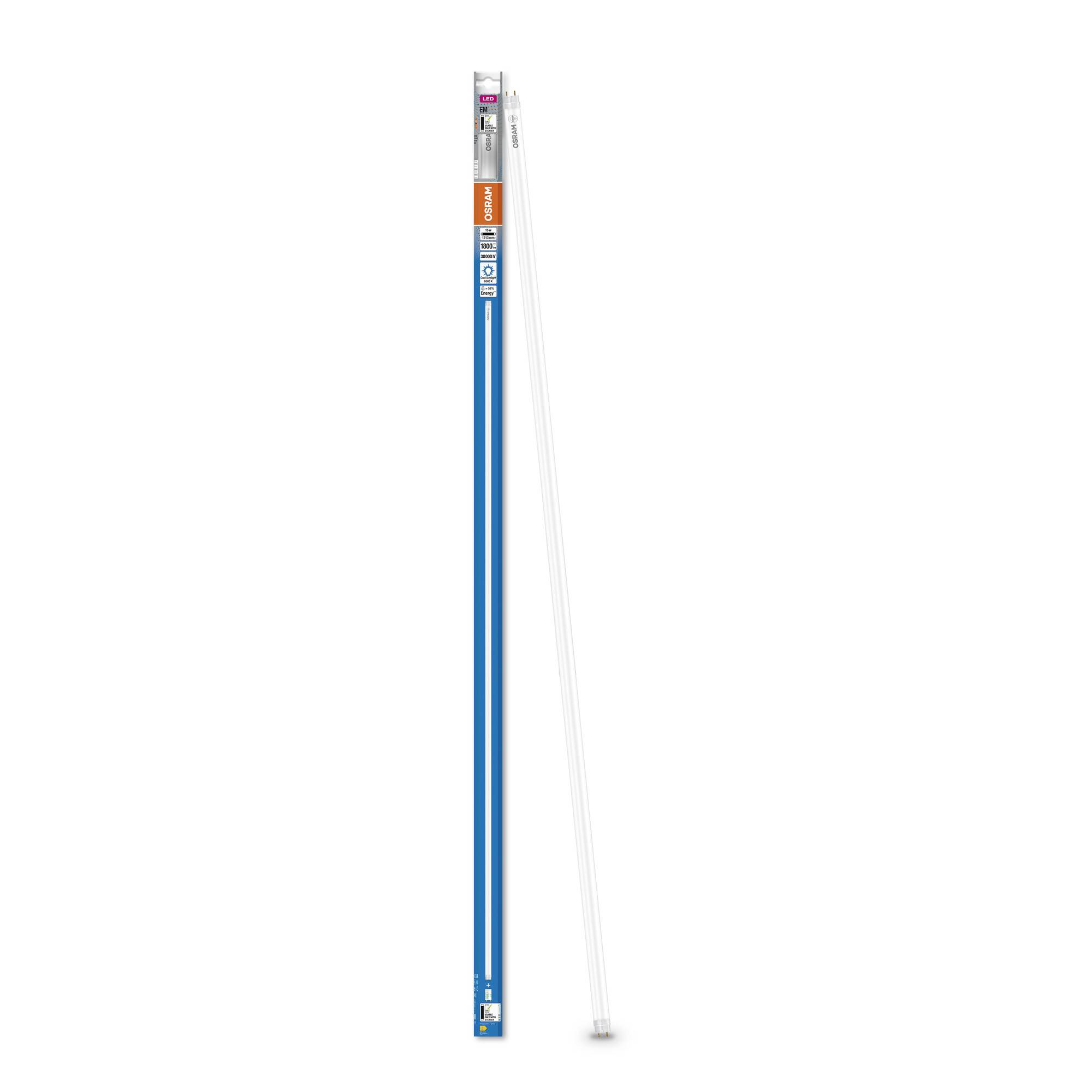 Eine lange, blaue Verpackung mit einem schmalen, transparenten Rohr, das eine Pflanzenlampe enthält, geeignet für Indoor-Gardening.