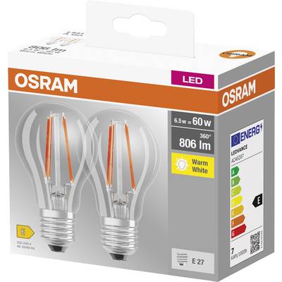 Verpackung von zwei LED-Glühbirnen der Marke Osram. 6,5W entspricht 60W, warmweiß, 806 Lumen, Energieeffizienzklasse E.
