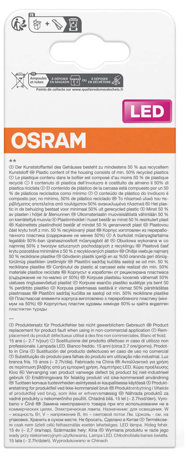 OSRAM LED-Glühbirnen-Verpackung mit Produktspezifikationen und Recyclinginformationen im Kleingedruckten.