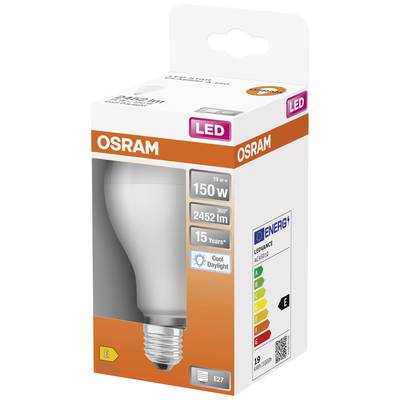 LED-Glühbirne von OSRAM in Verpackung, 19W, 2452 Lumen, Tageslichtfarbe, Energieeffizienzklasse E, E27-Fassung, 15 Jahre Lebensdauer.