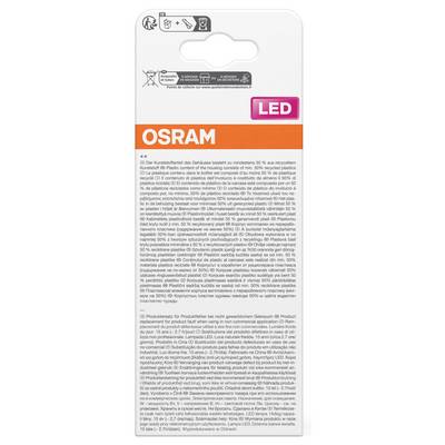 OSRAM LED-Glühbirnenpackung mit weißem Hängeetikett-Design und orangenem OSRAM-Logo, zeigt ein rosa "LED"-Etikett und kleine mehrsprachige Produktdetails.
