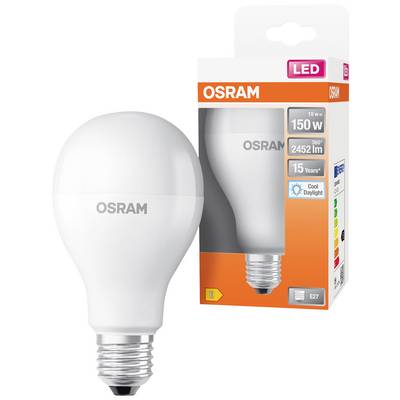 Eine OSRAM LED-Glühbirne neben ihrer Verpackung. Die Verpackung zeigt wesentliche Merkmale: 10W, 150W Ersatz, 2452 lm, 15 Jahre Lebensdauer, kühle Tageslichtfarbe.