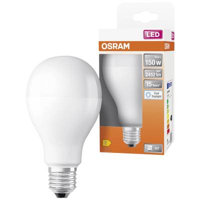 Eine LED-Glühbirne der Marke OSRAM mit 150 Watt, 2452 Lumen und einer Lebensdauer von 15 Jahren. Energiesparend, E27-Sockel. Verpackung zeigt Produktdetails und Energieklasse B.