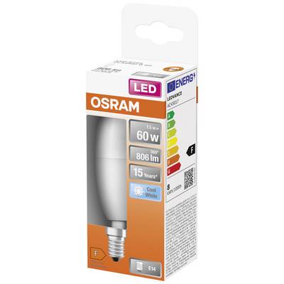 Energiesparende LED-Glühbirne von Osram, 60W, 806 Lumen, Kühlweiß, Energieklasse F, hält 15 Jahre, E14-Sockel. Verpackung zeigt Details.