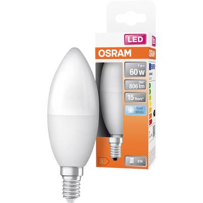 LED-Glühbirne der Marke Osram, 60W Ersatz für 7W, E14-Sockel, 806 Lumen, 360° Abstrahlwinkel, kaltweiß, Energieeffizienzklasse F. Verpackung zeigt Produkt und Details.