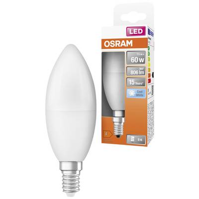 LED-Glühbirne und Verpackung von Osram. Details: 7.5W, entspricht 60W, 806 Lumen, 360° Abstrahlwinkel, 'Cool White', Lebensdauer 15 Jahre, Sockel E14, Energieklasse F.