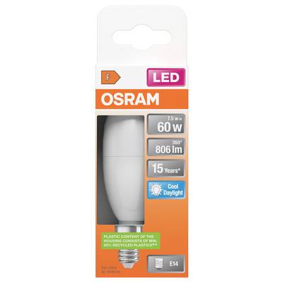 OSRAM LED-Glühbirnen-Verpackung mit einer 7,5-W-Birne, entsprechend 60W, 806 lm, 15 Jahre, kühles Tageslicht, E14-Sockel.