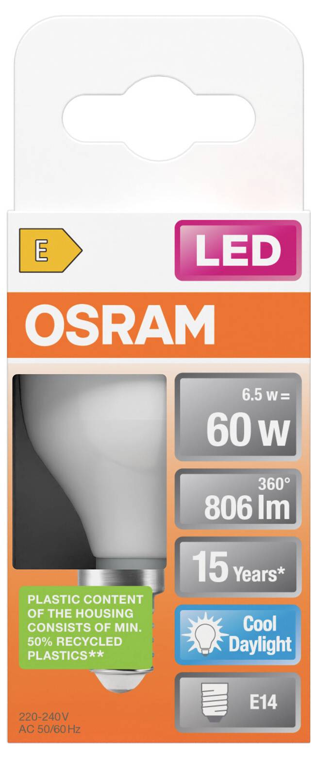 OSRAM LED-Glühbirne, Verpackung, 6,5W entspricht 60W, 806 lm, 15 Jahre, kühles Tageslicht, E14-Sockel, Kunststoffgehalt-Ökolabel.