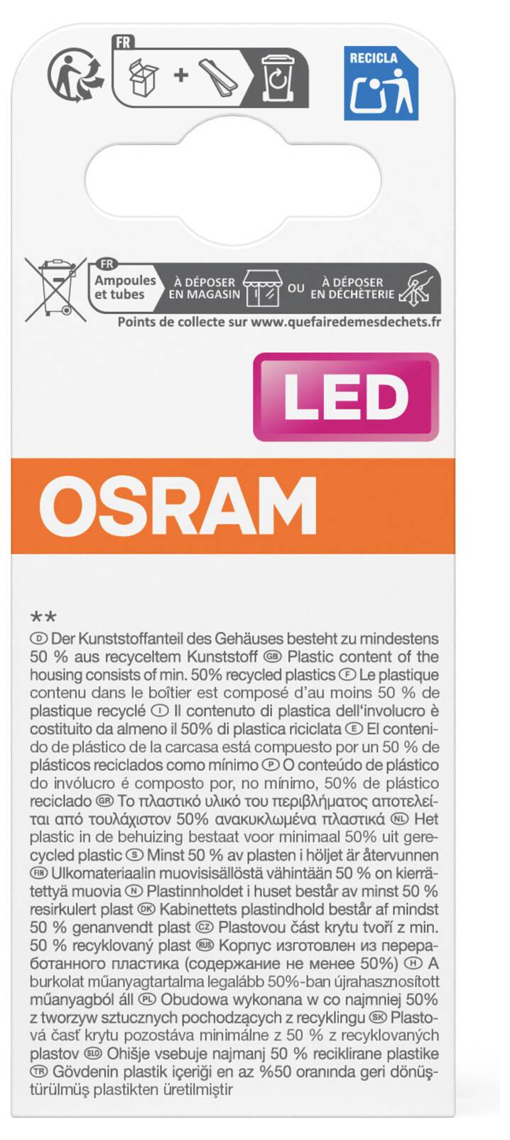 OSRAM LED-Produktetikett auf Deutsch mit Recycling- und Entsorgungsanweisungen mit großem orangefarbenem OSRAM-Logo und rosa LED-Badge.