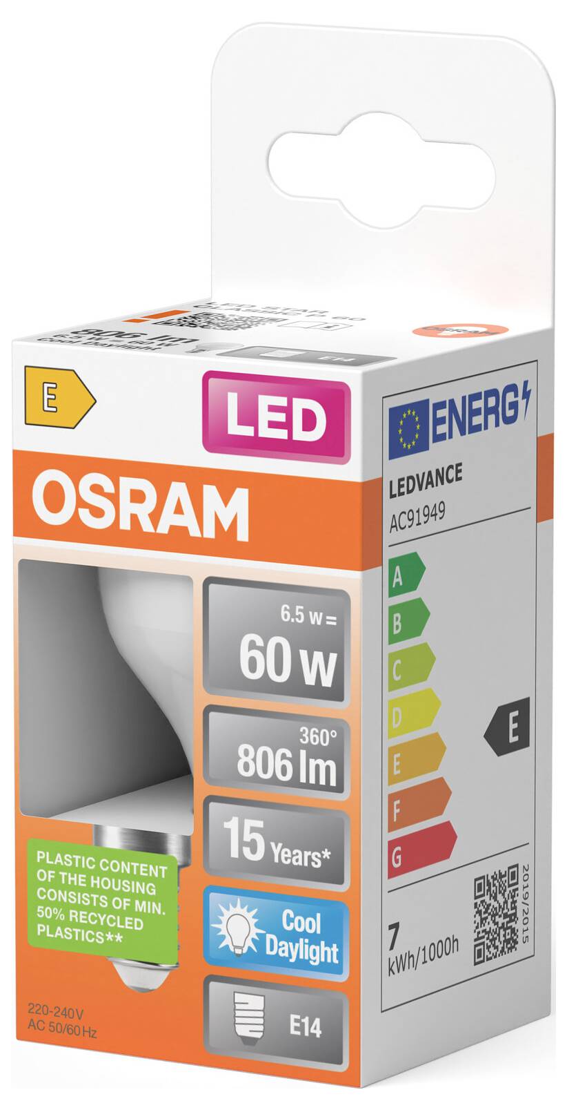 OSRAM LED-Glühbirne Verpackung mit 6,5 W, 60 W Entsprechung, 806 lm, 15 Jahre, kühles Tageslichtweiß, E14-Fassung und Energieeffizienzklasse E.