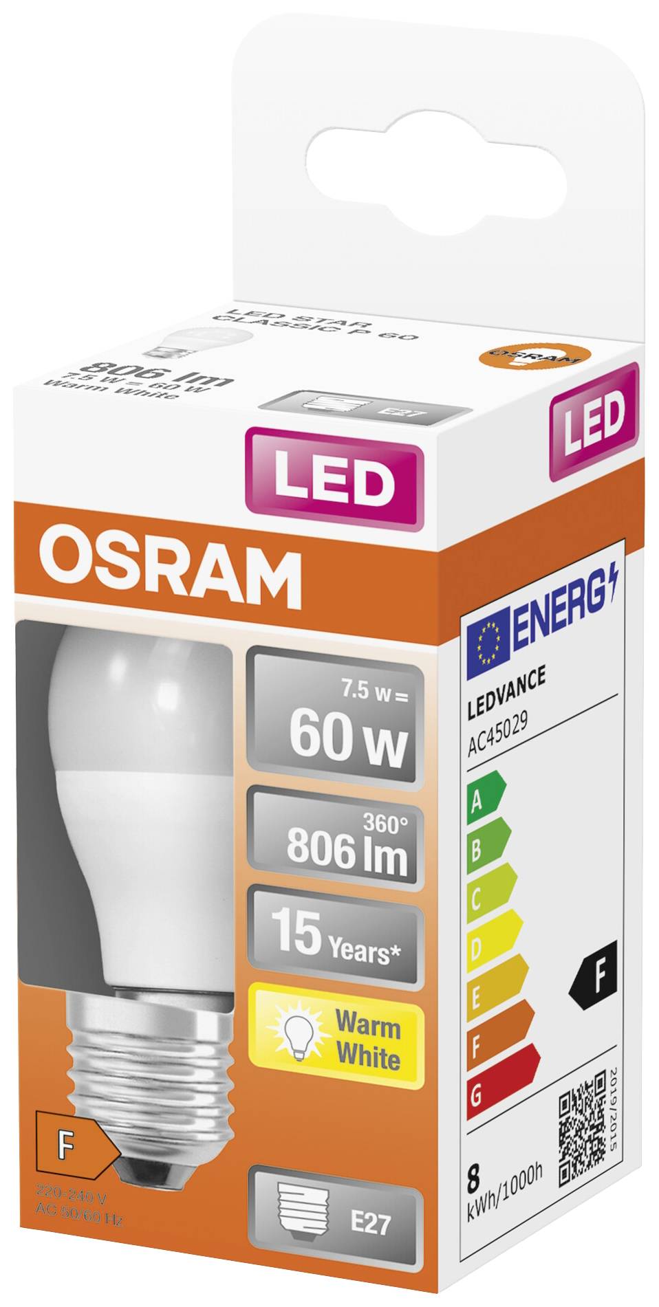 Verpackung einer OSRAM LED-Lampe. 7,5 W ersetzt 60 W, 806 Lumen, 15 Jahre Lebensdauer, warmweiß, Energieeffizienzklasse F.