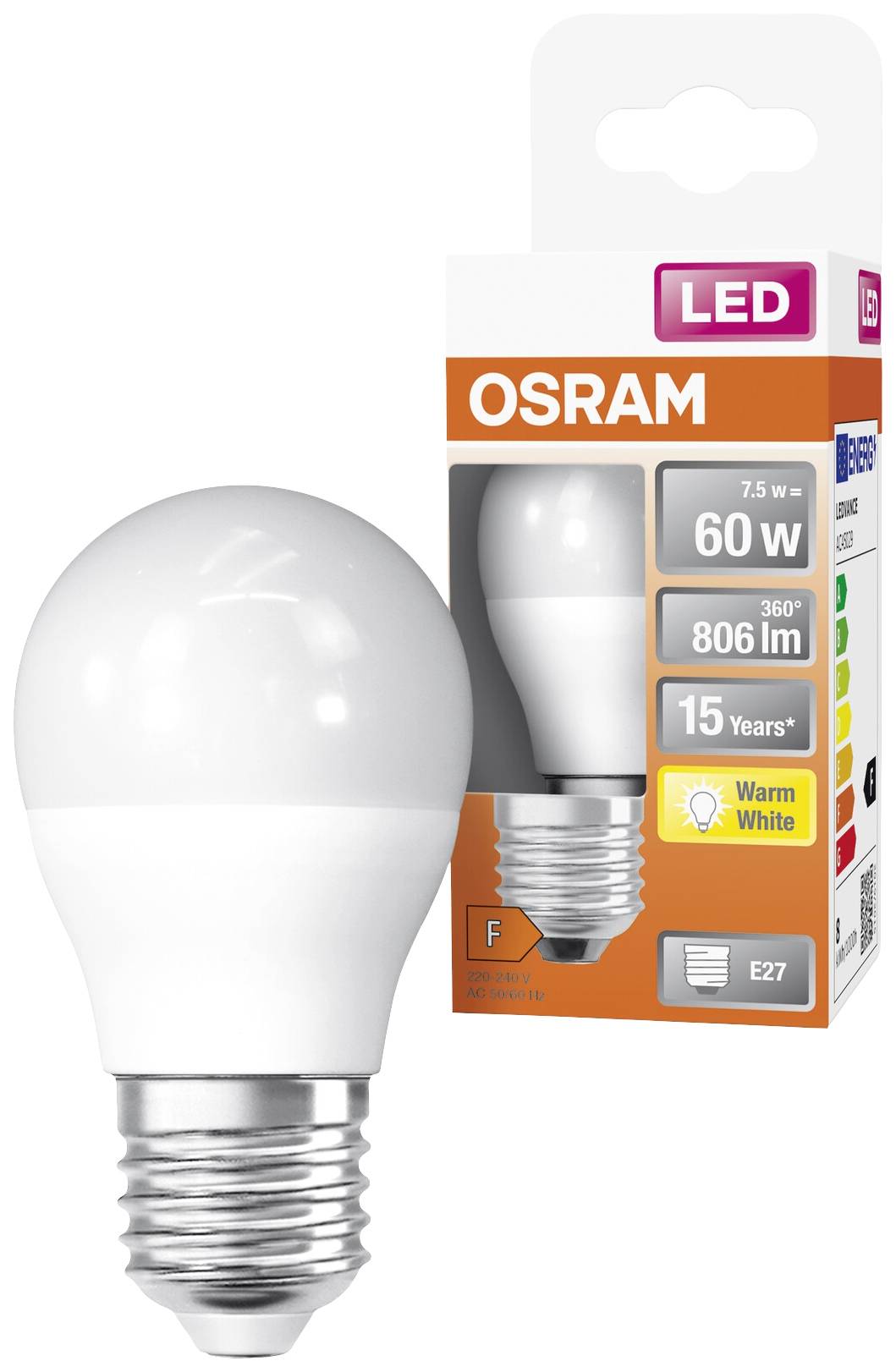 LED-Glühbirne von Osram neben Verpackung. Energiesparend, 7,5 W ersetzt 60 W. Warmweißes Licht, Lebensdauer 15 Jahre, Sockel E27.