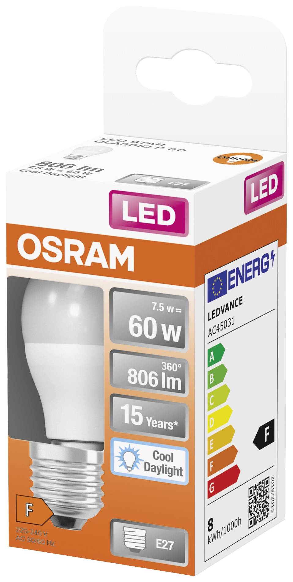 LED-Glühbirne in Verpackung von OSRAM, 7,5W (ersetzt 60W), 806 Lumen, E27-Fassung, Energieeffizienzklasse F, Tageslichtweiß.