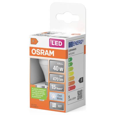 OSRAM LED-Glühbirne, Verpackung mit 4,9W, 40W-Äquivalent, 470 lm, Kaltweiß, E27-Fassung und F-Energieeffizienzklasse.