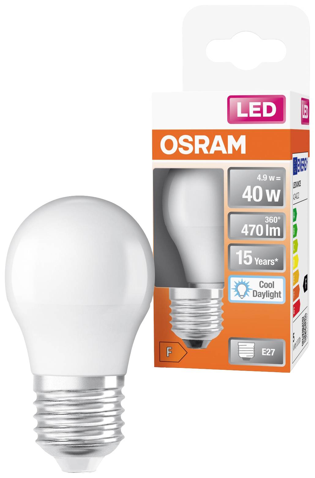Verpackung einer LED-Glühbirne von OSRAM. Leistungsangaben: 4,9 W entspricht 40 W, 470 Lumen, 15 Jahre Lebensdauer, E27-Sockel. Energieeffizienzklasse F.