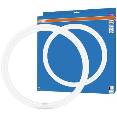 Zwei kreisförmige LED-Leuchten vor einer blauen Verpackung mit der Aufschrift 'Osram'. Verpackungsdetails zeigen 40W, 230V, 3000K.