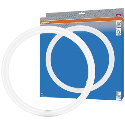Zwei ringförmige LED-Leuchten vor der Verpackung der Marke OSRAM, 40W, 2200 lm, 3000K, geeignet für Innenraumnutzung.