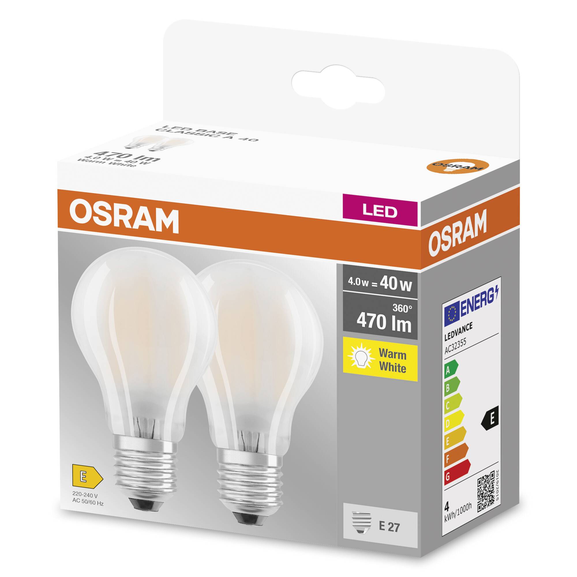 OSRAM LED-Glühbirnen-Verpackung, 4W, 470 Lumen, warmweiß, E27-Sockel, Energieklasse E. Zeigt zwei Birnen und Produktspezifikationen.