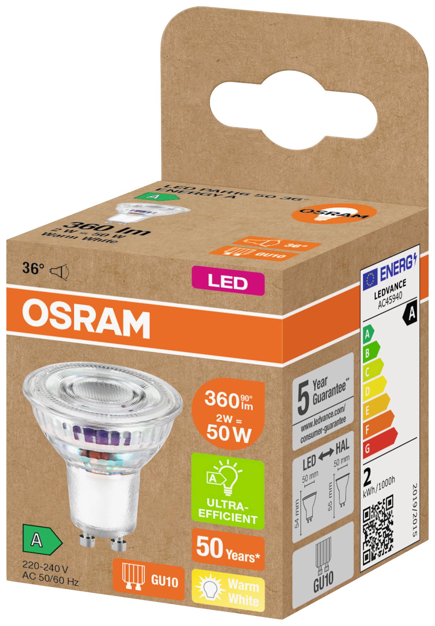 LED-Glühbirne von OSRAM, 2W, ersetzt 50W Halogen, warmweiß, Energieklasse A, gewährleistet 5 Jahre, 15.000 Stunden Lebensdauer.