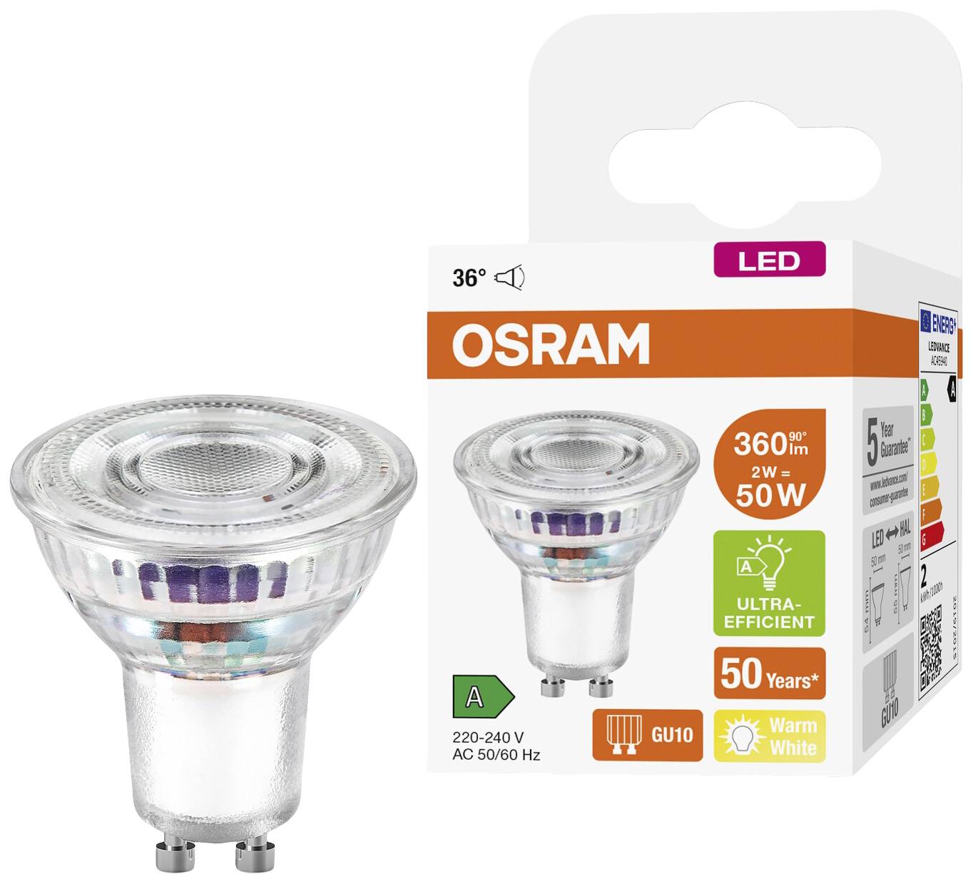 LED-Lampe von OSRAM, GU10-Fassung, 2W, 36° Abstrahlwinkel. Auf Verpackung steht 'Ultra-Efficient', 50 Jahre Lebensdauer, warmweiß.