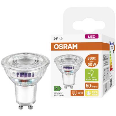 LED-Lampe von OSRAM, GU10-Fassung, 2W, 36° Abstrahlwinkel. Auf Verpackung steht 'Ultra-Efficient', 50 Jahre Lebensdauer, warmweiß.