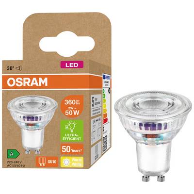 Eine OSRAM LED-Glühbirne und ihre Verpackung. Die Birne ist energieeffizient, 2W entspricht 50W, warmweißes Licht, GU10-Sockel.