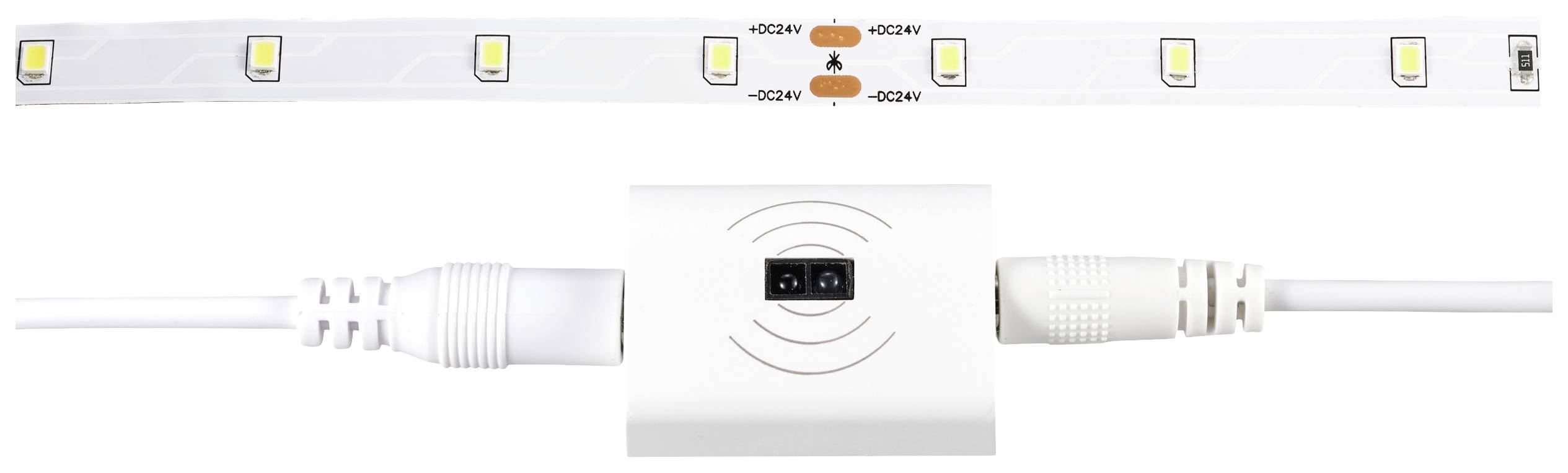 LED-Lichtband mit mehreren leuchtenden Dioden und einem weißen Verbindungskabel mit einem rechteckigen Kontroller in der Mitte.