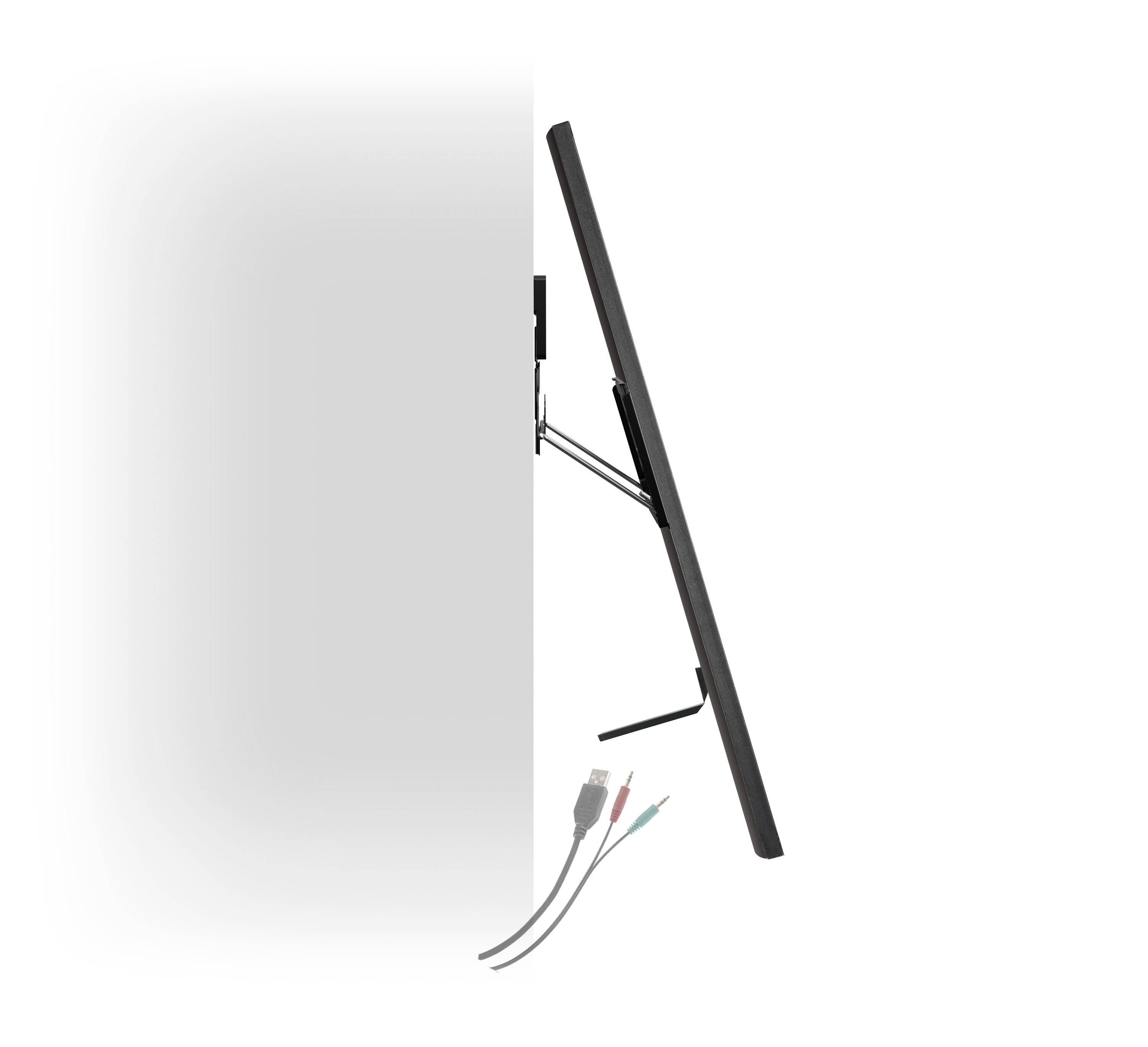 Seitenansicht eines schlanken Monitors, der an einer Wand montiert ist. Zwei Kabel hängen lose herunter. Schlichtes und modernes Design.