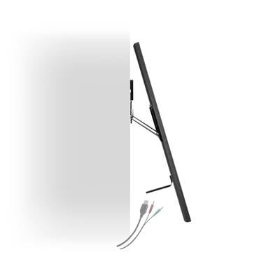 Seitenansicht eines schlanken Monitors, der an einer Wand montiert ist. Zwei Kabel hängen lose herunter. Schlichtes und modernes Design.