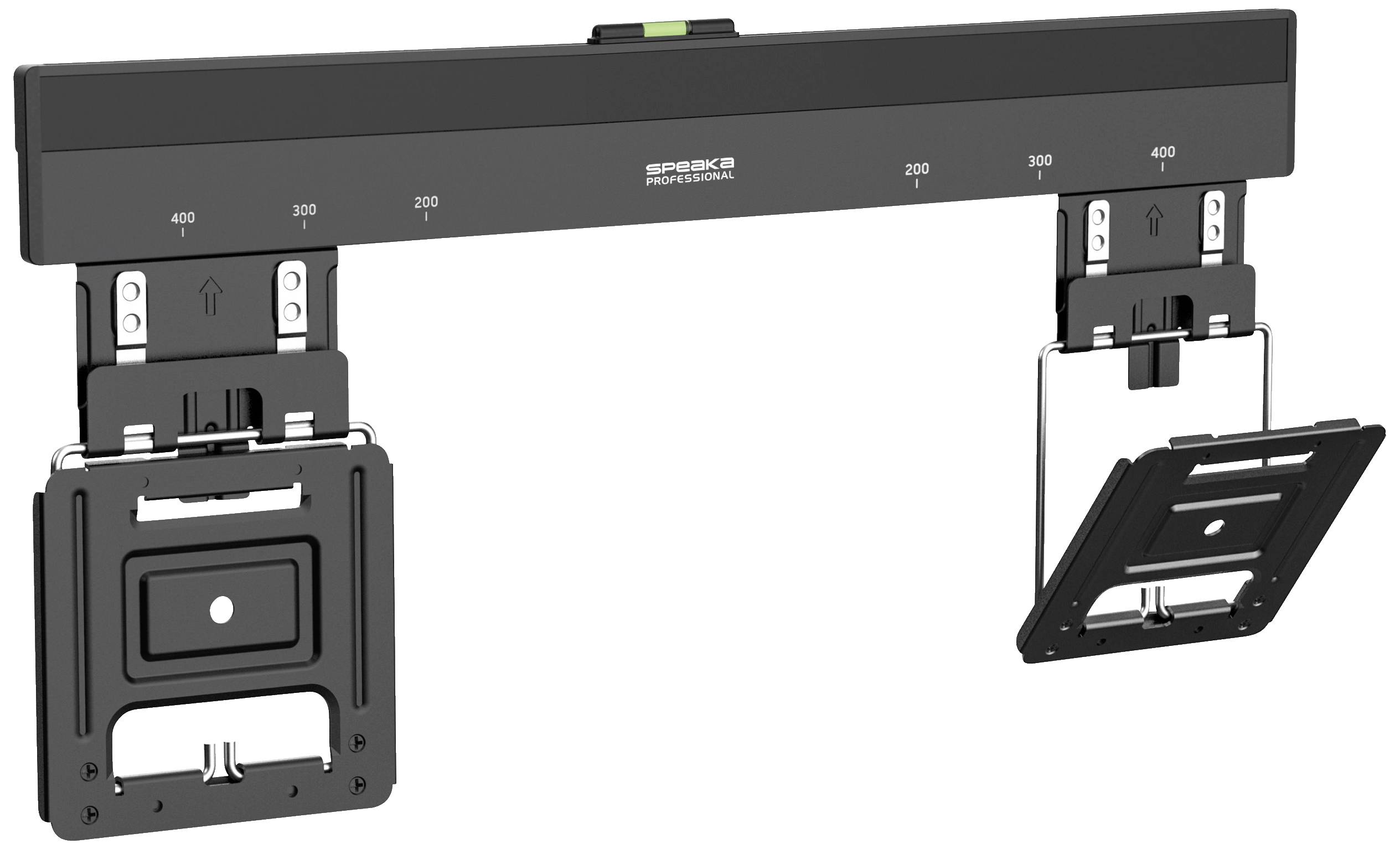 Flexible TV-Wandhalterung in schwarz, geeignet für Flachbildschirme verschiedener Größen. Enthält Skala und integrierte Wasserwaage.