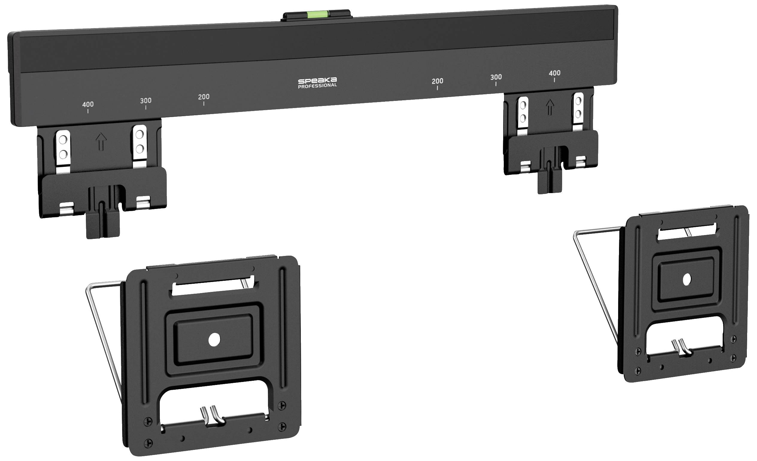 'Montageset mit Schiene und Halterungen für TV-Wandbefestigung. Skala in Millimetern auf der Schiene zur genauen Positionierung sichtbar.'