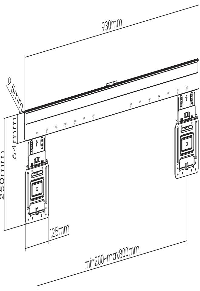 Technische Zeichnung eines Befestigungsmechanismus mit Maßen: 930mm Länge, Höhe 64mm bis 250mm, Breite min. 200mm bis max. 800mm.