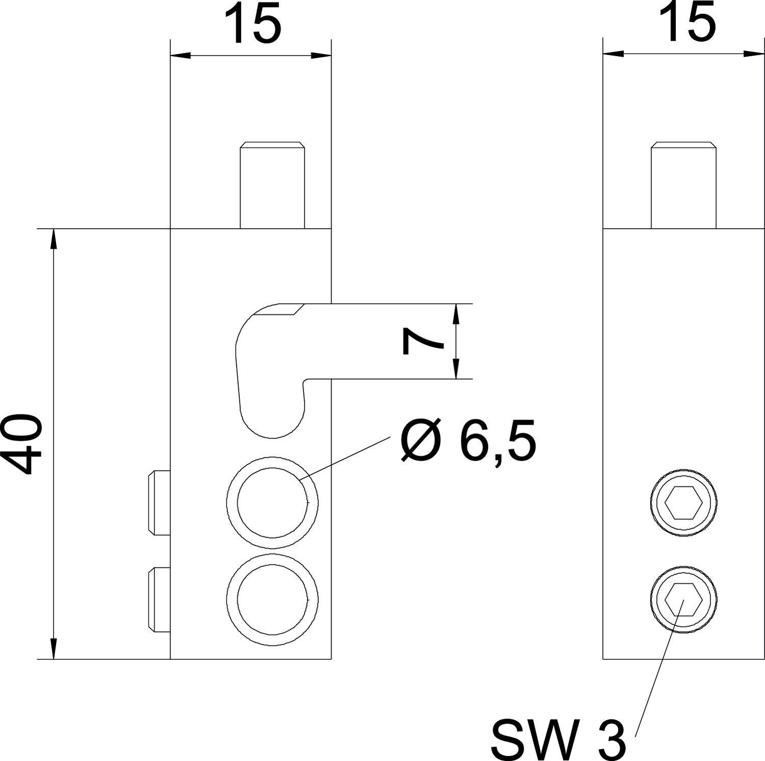 Technische Zeichnung eines Bauteils mit Bemaßungen. Links zeigt die Seite mit Löchern, rechts die Seitenansicht. Maße: 40x15 mm, Durchmesser 6,5 mm, Sechskant SW 3, Abstand 7 mm.