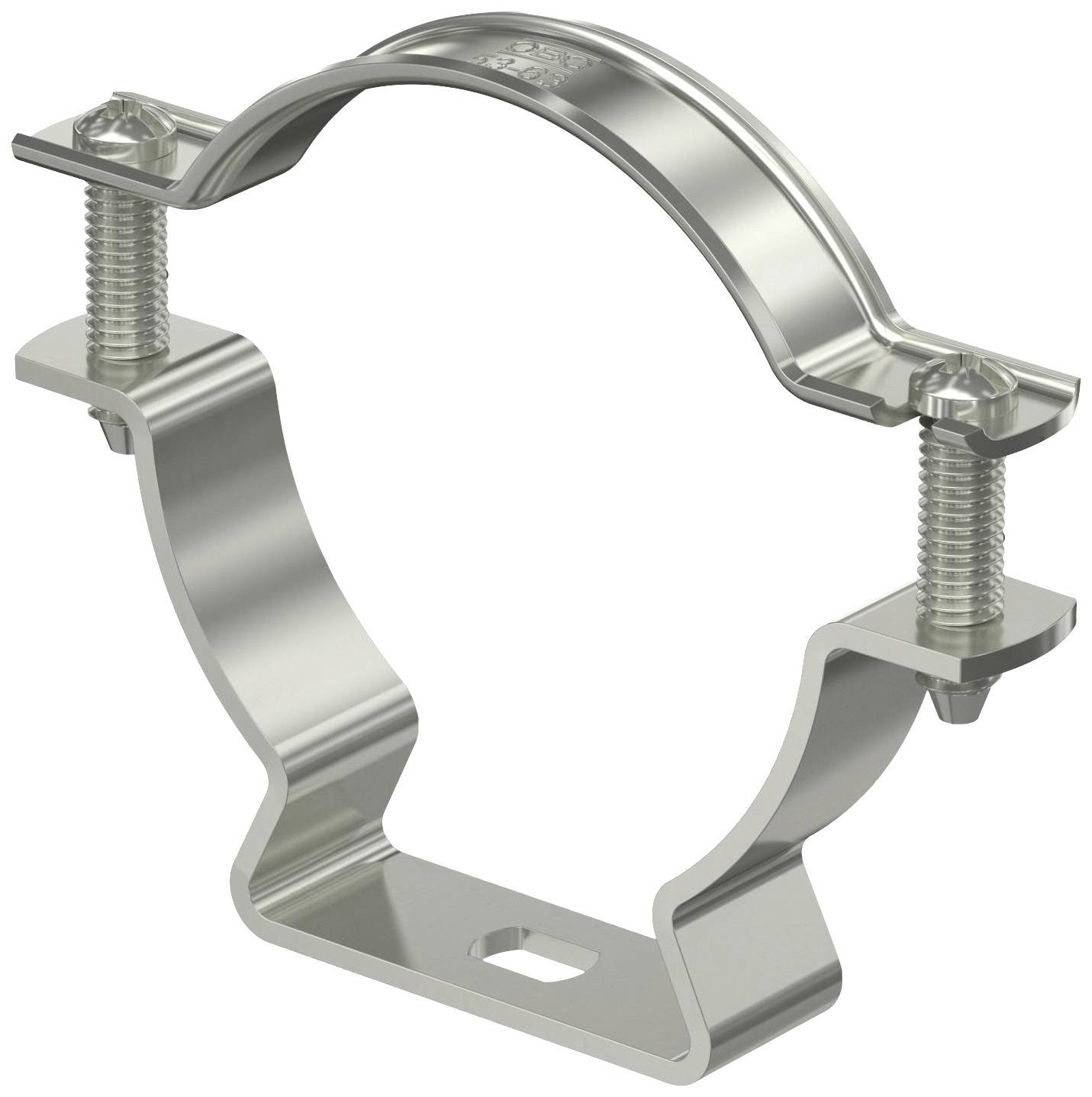 Metallrohrschelle mit zwei Schrauben, zur Befestigung von Rohren oder Leitungen an Wänden oder anderen Oberflächen.