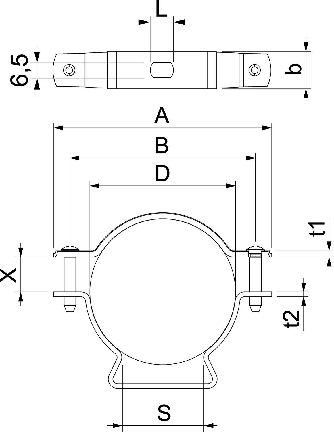 Technische Zeichnung einer Schlauchschelle mit Maßangaben: A, B, D, S, b, L, X, t1, t2 und 6,5 mm.