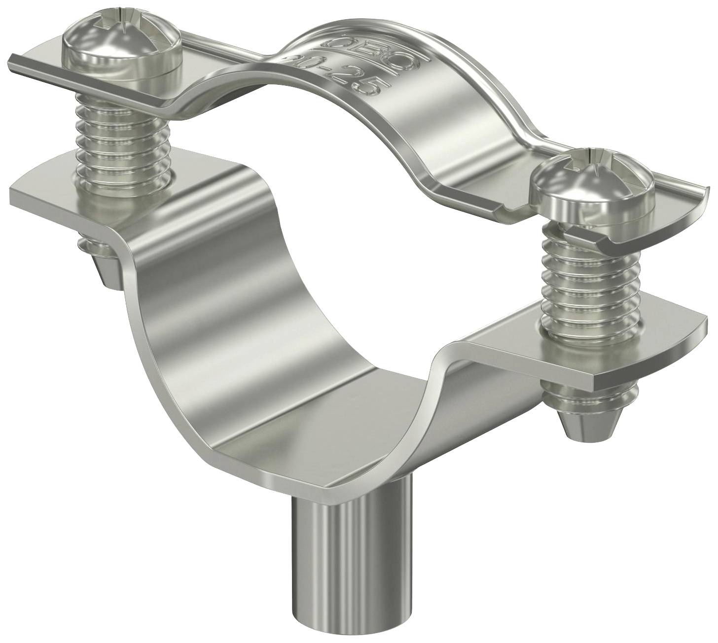 'Rohrschelle aus Metall mit zwei Schrauben oben, zum Befestigen von Rohren oder Kabeln. Zeigt ein robustes Design für industrielle Anwendungen.'
