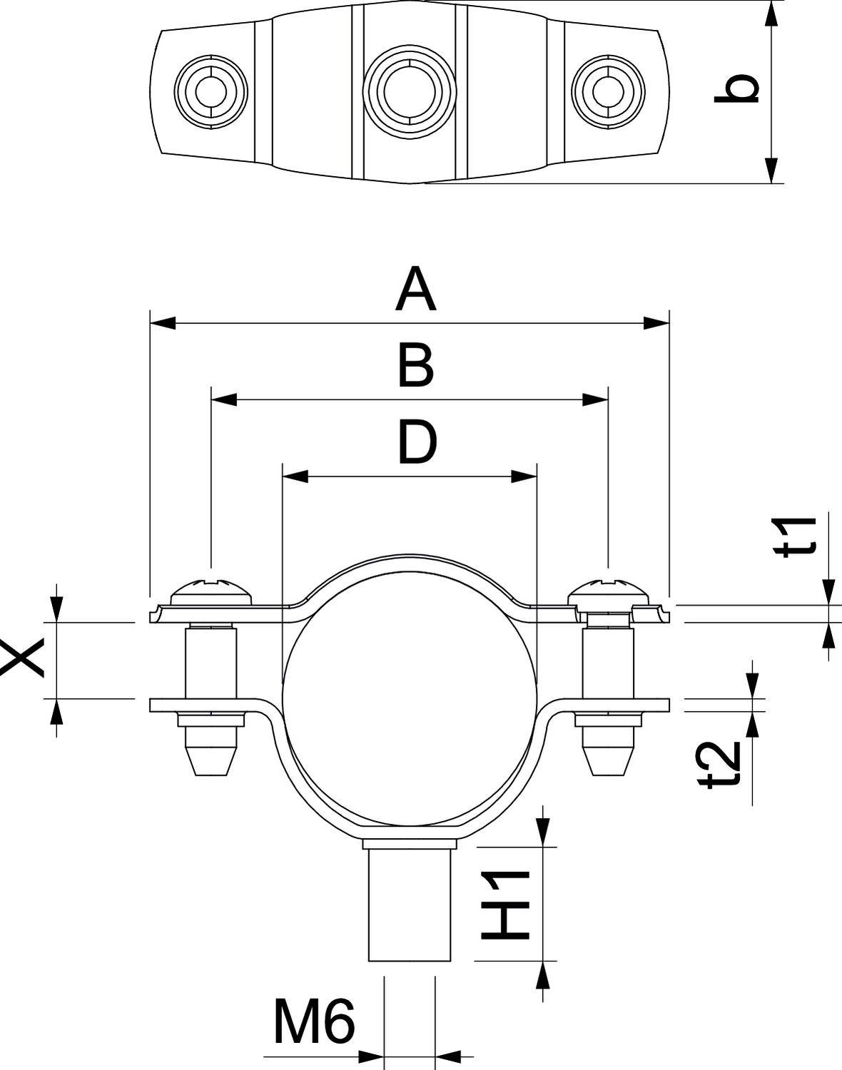 Diagramm einer Rohrschelle: zeigt Abmessungen A, B, D, X, t1, t2, H sowie Schraubengröße M6. Oberansicht und Seitenansicht dargestellt.