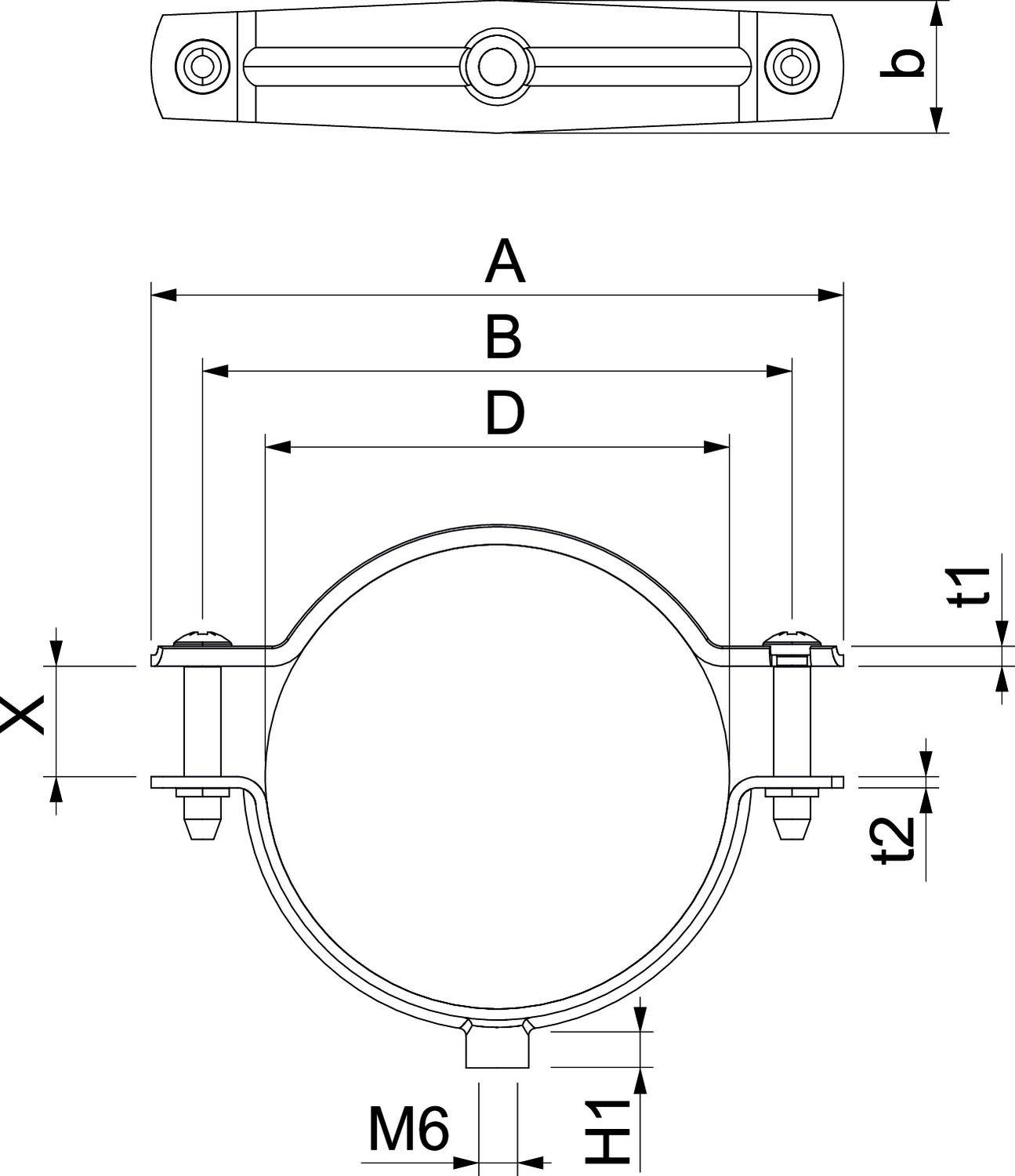 Technische Zeichnung einer Rohrschelle mit den Maßen A, B, D in der Draufsicht und seitlichen Ansicht. Schrauben und Gewinde M6 markiert.