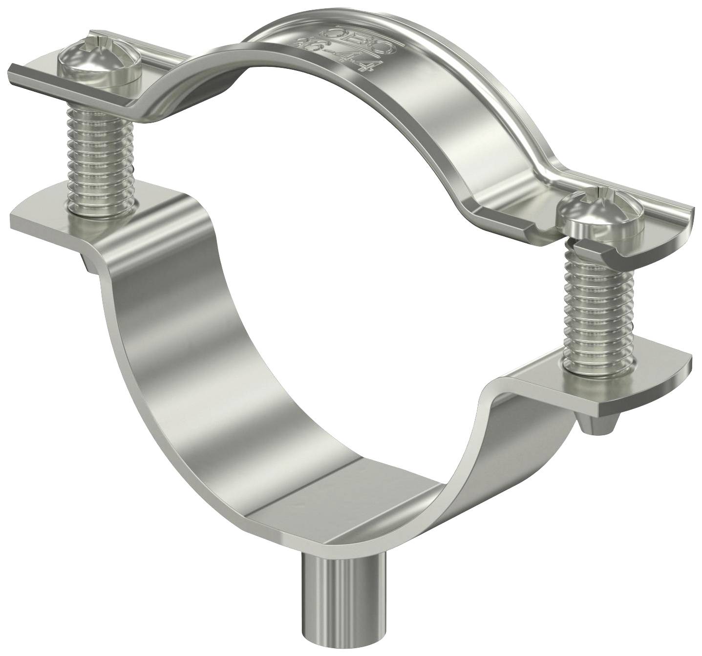 Metallische Rohrschelle mit zwei Schrauben zur Befestigung von Rohren. Sie hat eine glänzende Oberfläche und ist stabil konstruiert.