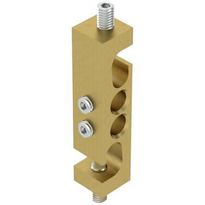 Ein rechteckiges, metallisch-goldenes Bauteil mit mehreren runden Aussparungen und Schraubverbindungen an beiden Enden.