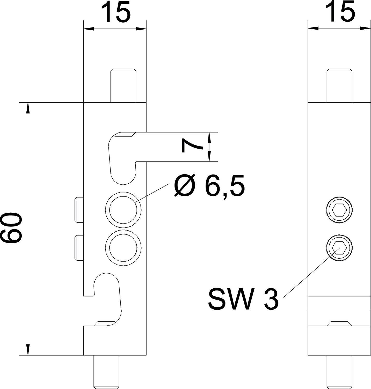 Technische Zeichnung eines Bauteils mit zwei Ansichten: Seitenansicht links mit Maßen 15x60 mm, Draufsicht rechts mit Bohrung Ø 6,5 mm und Schrauben SW 3.