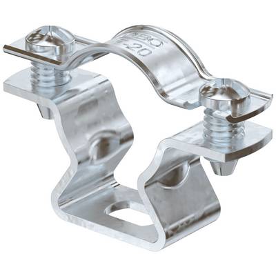 Metallische Rohrschelle mit zwei Schrauben, geeignet zur Befestigung von Rohren. Robust konstruiert, reflektierende Oberfläche.