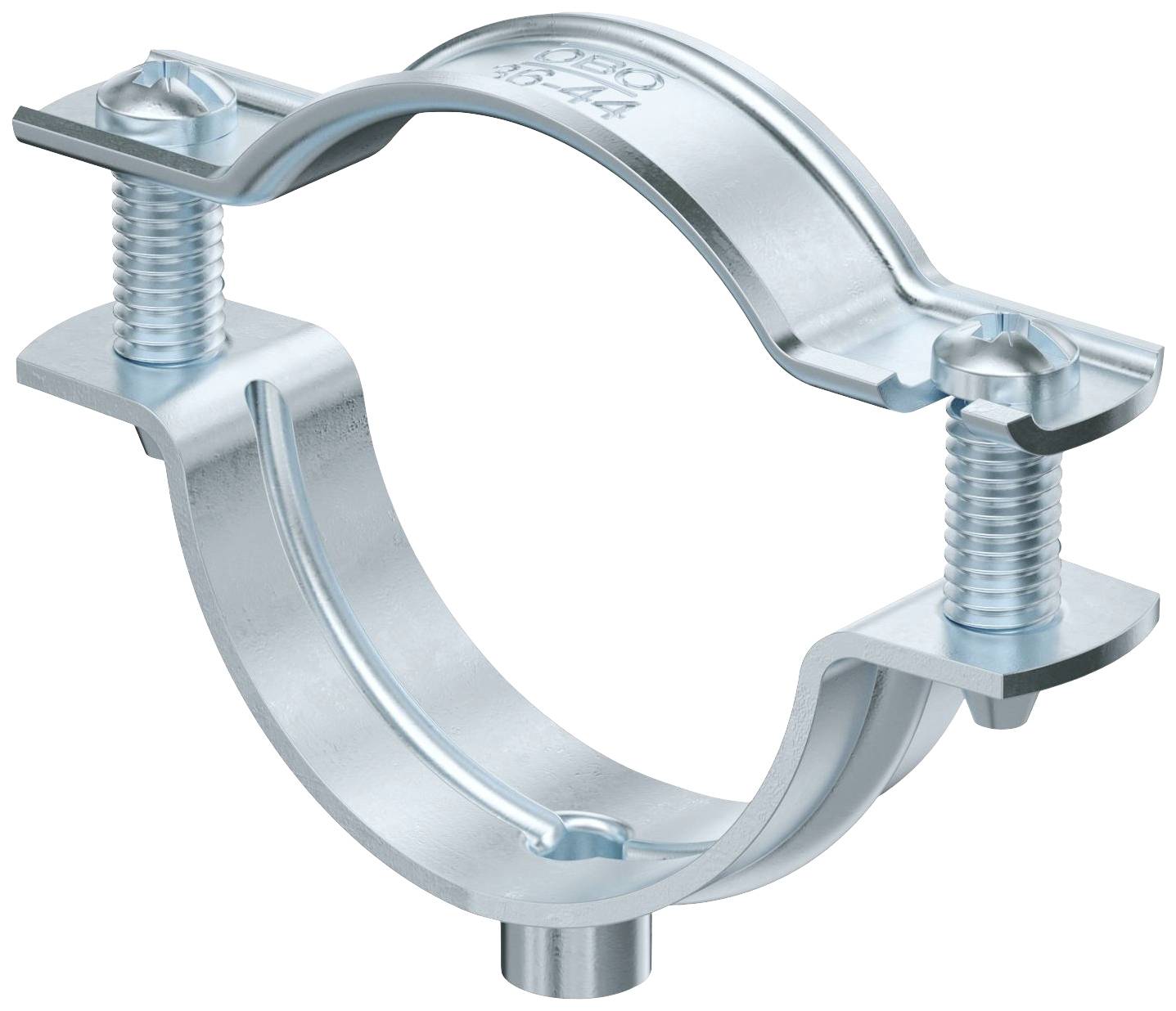 Metallschellenklemme mit Schrauben, geeignet zur Sicherung von Rohrleitungen oder Kabeln. Aus Edelstahl für robuste Befestigung.