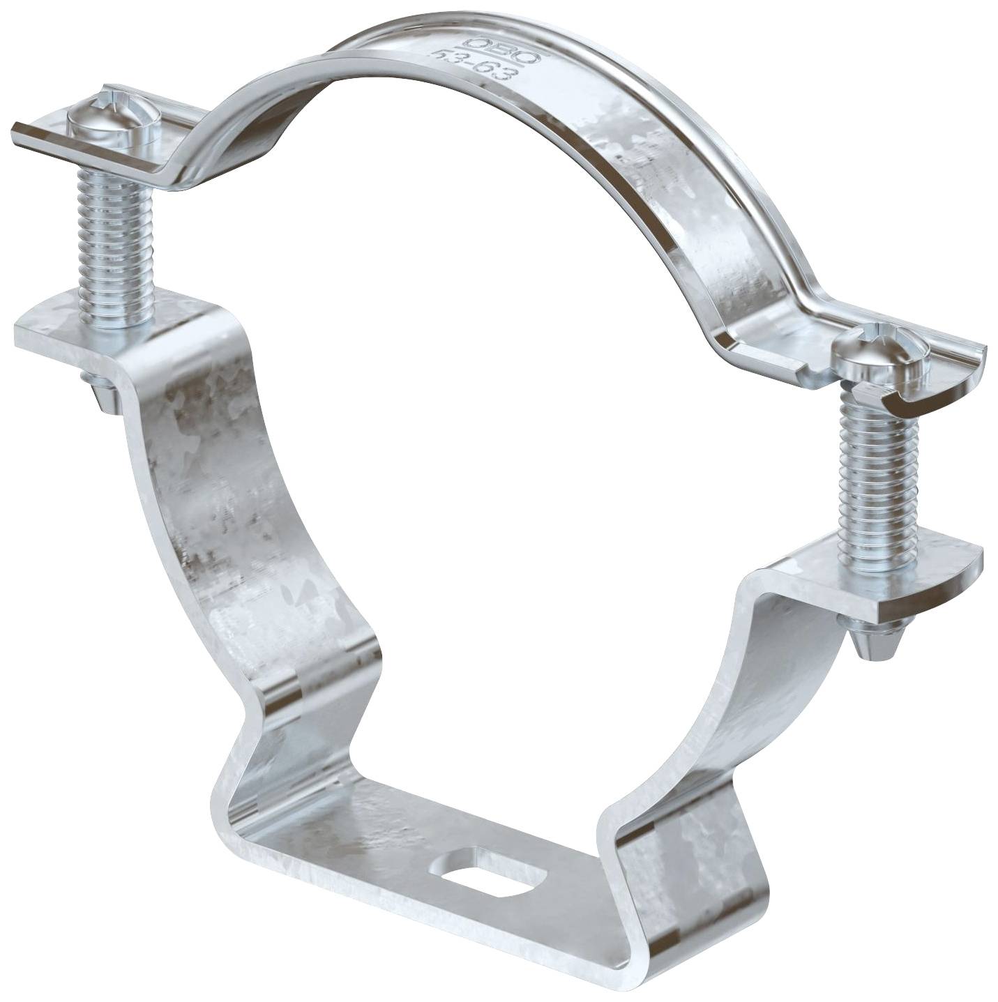 Metallklemme zur Befestigung von Rohren an Wänden, mit zwei Schrauben und einer flachen Unterseite zur Stabilisierung.