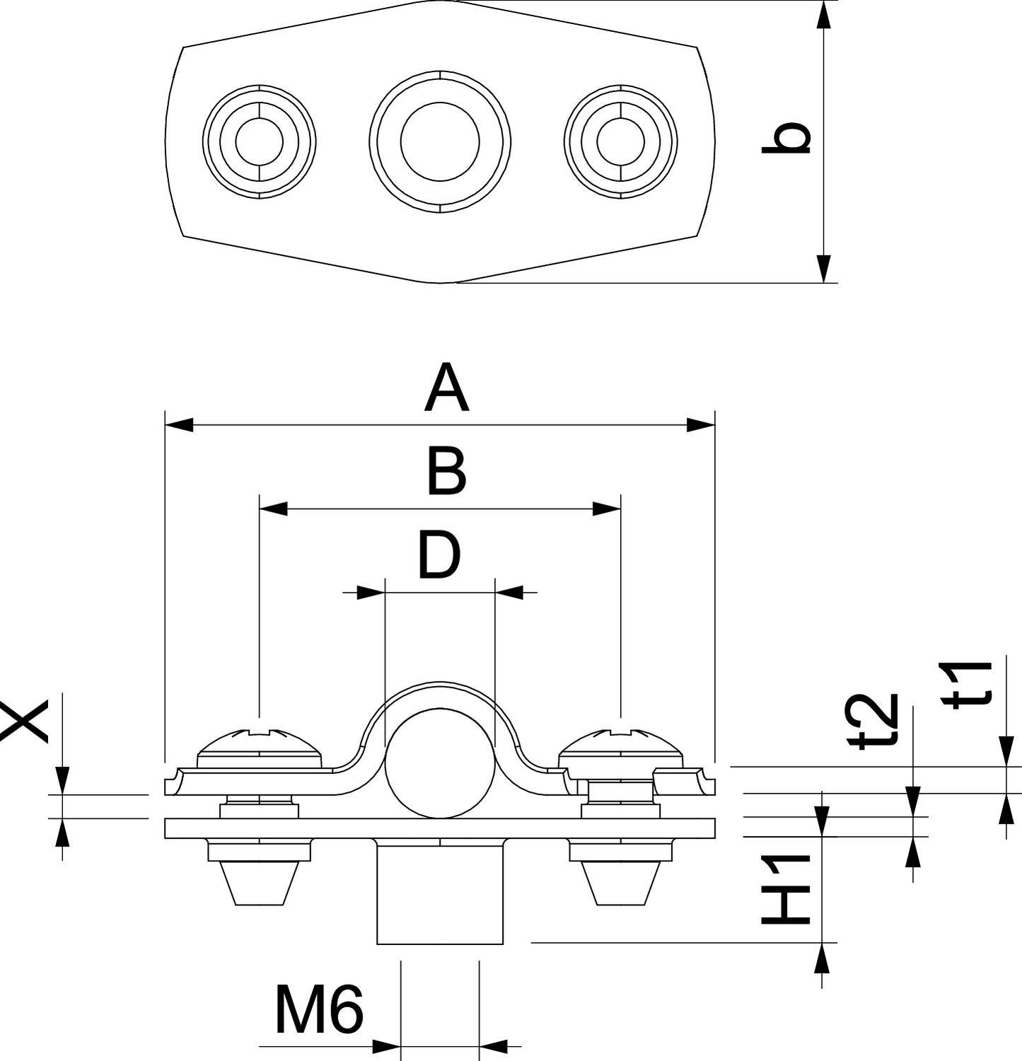 Technische Zeichnung eines Befestigungselements mit Maßen: Breite b, Höhen t1, t2, H1 und Abstand A, B, D, X, M6. Draufsicht und Seitenansicht.