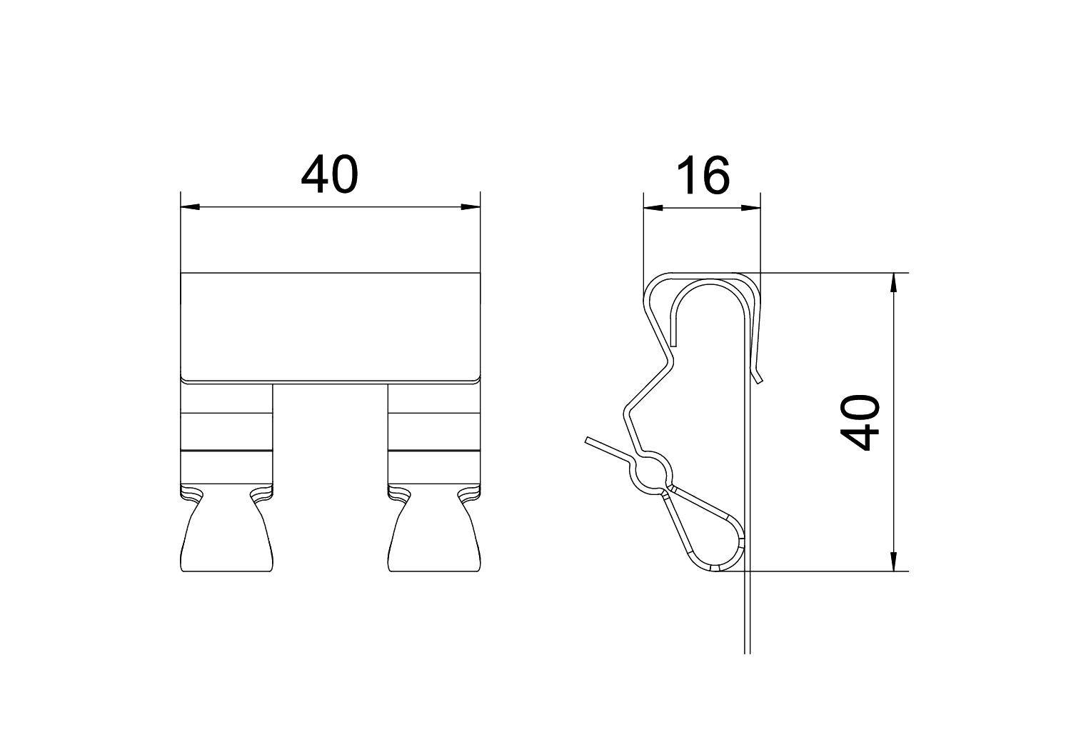 Technische Zeichnung eines Profils mit den Maßen 40 mm Breite x 40 mm Höhe. Seitenansicht zeigt eine Klammerstruktur von 16 mm.
