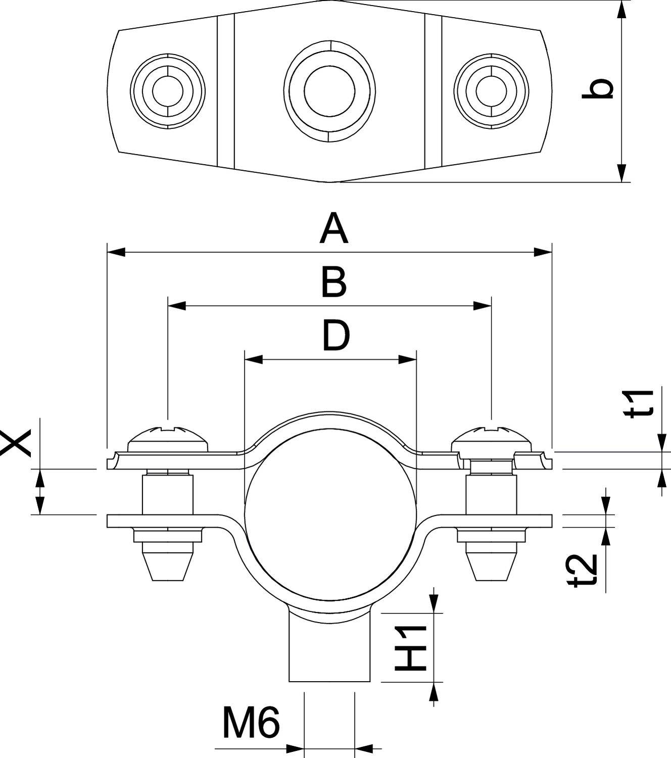 Technische Zeichnung eines Rohrschellenhalters mit Bemaßungen: A, B, D, X, t1, t2, H1 und M6. Zeigt Vorder- und Seitenansicht.