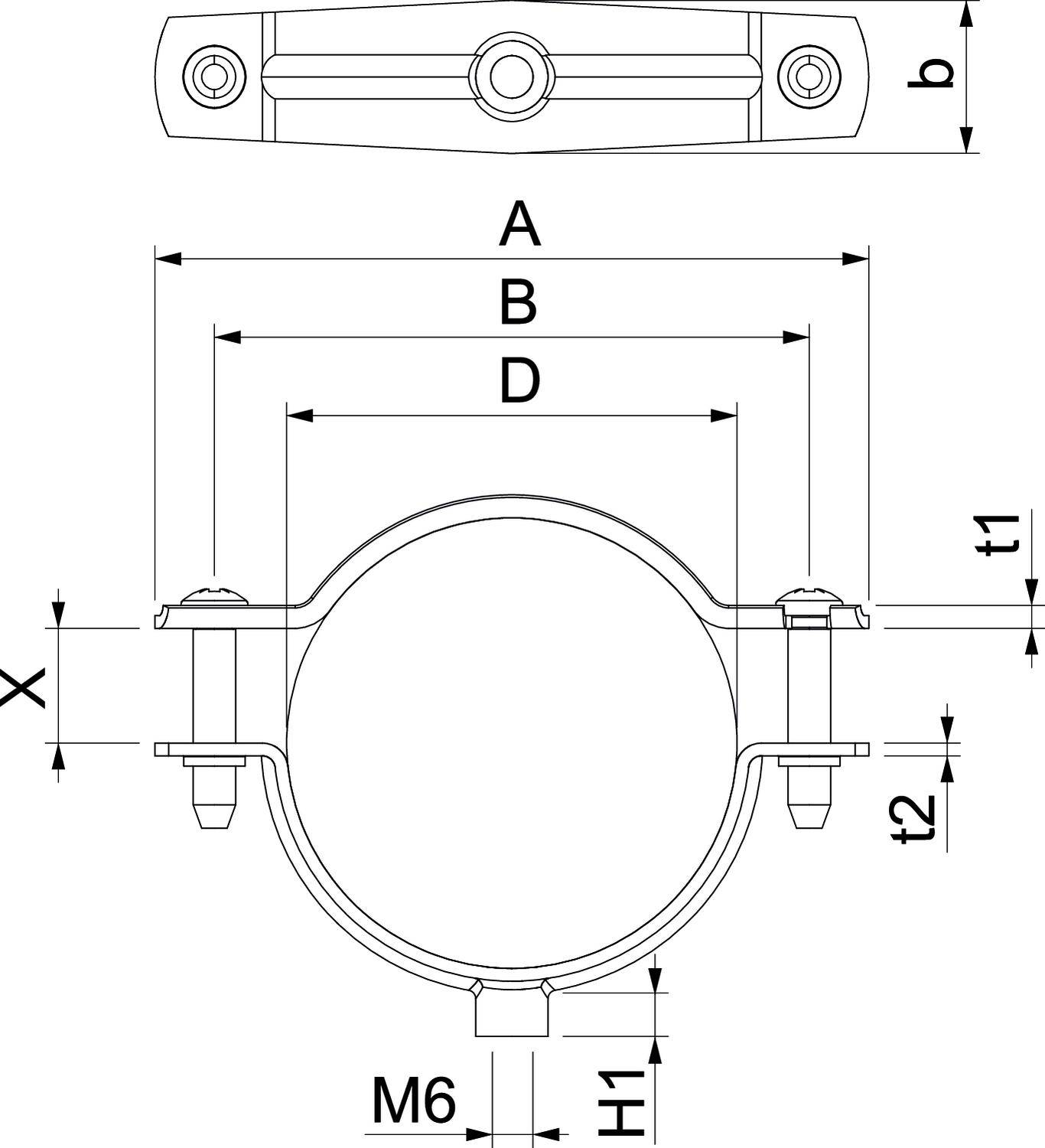 Technische Zeichnung eines Rohrschellen-Designs mit Maßen A, B, D, X und b, sowie Schraubengröße M6 und weiteren Details.
