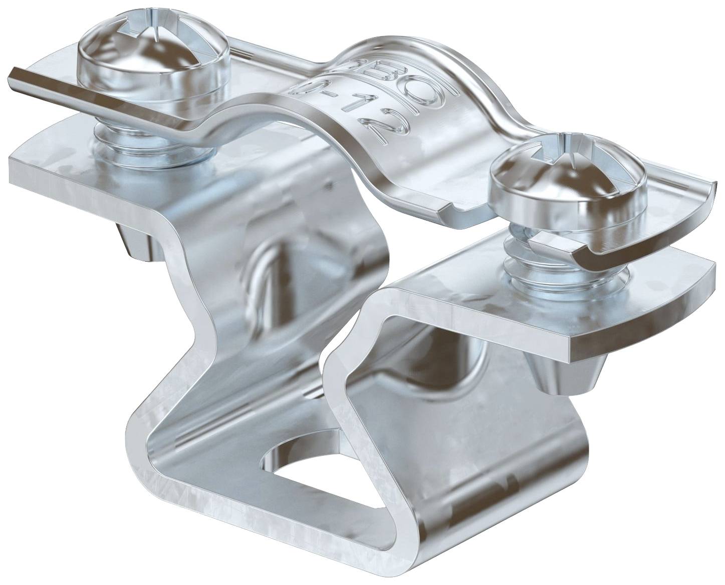 Ein silberner Metallclip mit zwei Schrauben, geeignet zur Befestigung von Kabeln oder Drähten. Hergestellt aus rostfreiem Stahl.