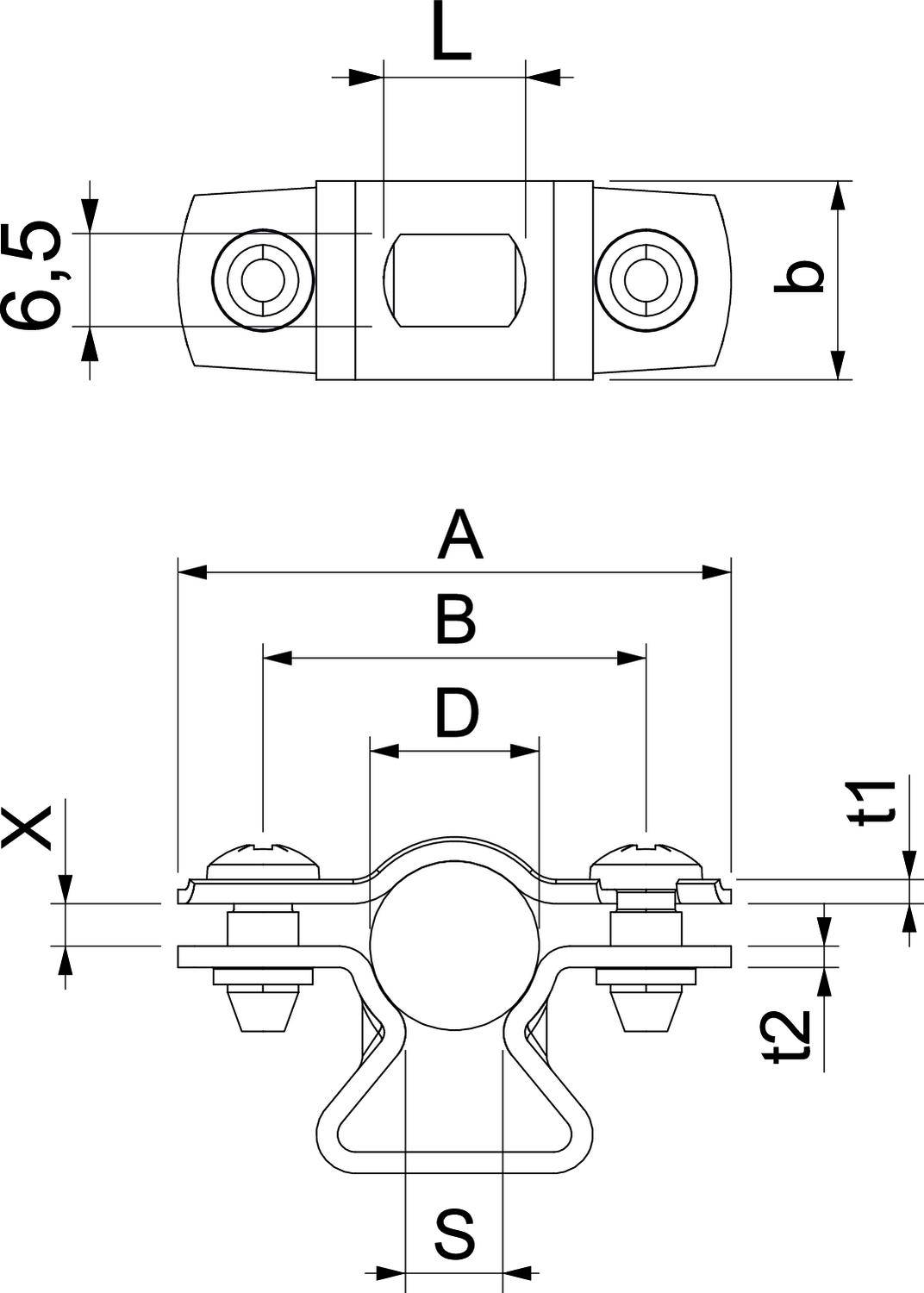 Technische Zeichnung einer Rohrklemme mit Abmessungen: 'L', 'b', 'A', 'B', 'D', 'X', 'S', 't1', 't2'. Ober- und Seitenansicht.